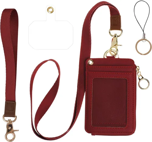 Vista 16 de Mondo Designs Soporte de tarjetas de ID 2 en 1, cartera chica multiusos, correa de muñeca extraíble, cordón para cuello, ventana clara, 5 ranuras
