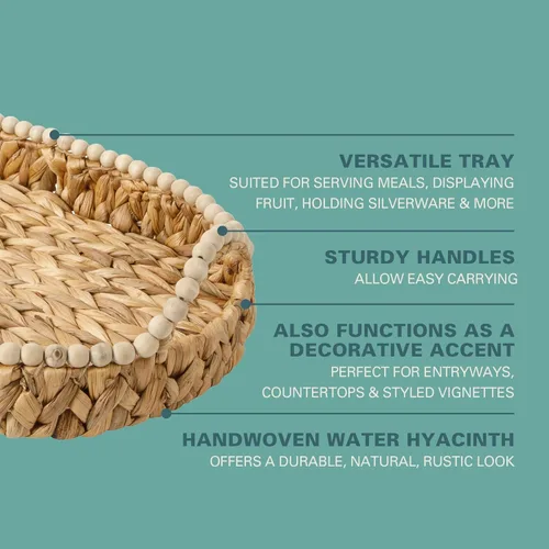 Vista 3 de Gibson Home Riverrun Grove Bandeja decorativa tejida de 17 pulgadas, cesta grande de jacinto de agua natural con ribete de cuentas de madera y asas