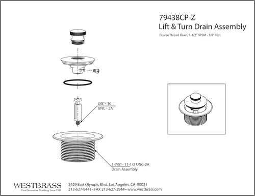 Vista 2 de Westbrass Tapón de drenaje de baño giratorio y cierre de rosca gruesa de 1-1/2" (1-7/8"-11.5 UNC-2A), cromado, 79438CP-Z