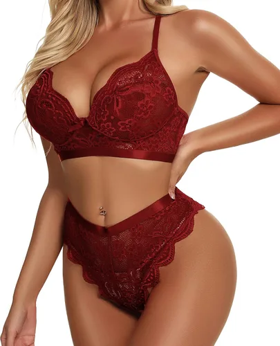 Vista 3 de KYLELOVE Conjunto de lencería para mujer conjunto de brasier y bragas inalámbricos trajes de boudoir de encaje