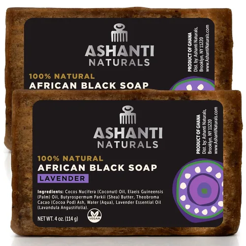 Barra de jabón negra africana Jabón negro natural perfumado con manteca de karité cruda y aceite de coco, paquete de 2 barras de 4 onzas (lavanda)