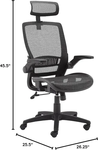 Vista 8 de Yaxa Basics Silla ergonómica de escritorio con respaldo alto, cómodos reposabrazos abatibles, asiento de malla contorneada, giratorio, negro, 25.5