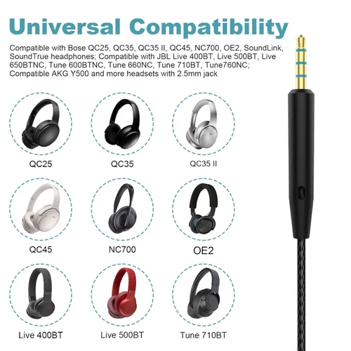 Vista 2 de Cable de micrófono QC35 compatible con Bose QC25, QC35, QC35 II, QC45, OE2, SoundLink, SoundTrue, para auriculares JBL Tune 710BT, 660NC, 760NC