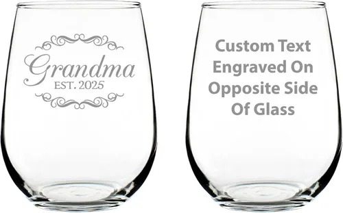 Custom Grandma Est 20XX - New Grandmother Stemless Wine Glass Gift for First Time Grandparents - Personalized Decorative 17 Oz Large Glasses