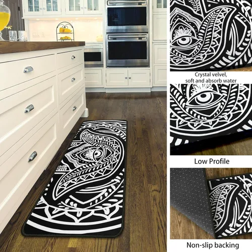 Vista 4 de Juego de 2 alfombras de cocina de mal de ojo, psicodélicas, antideslizantes, impermeables, cómodas, para decoración del hogar, sala de estar, 17 x