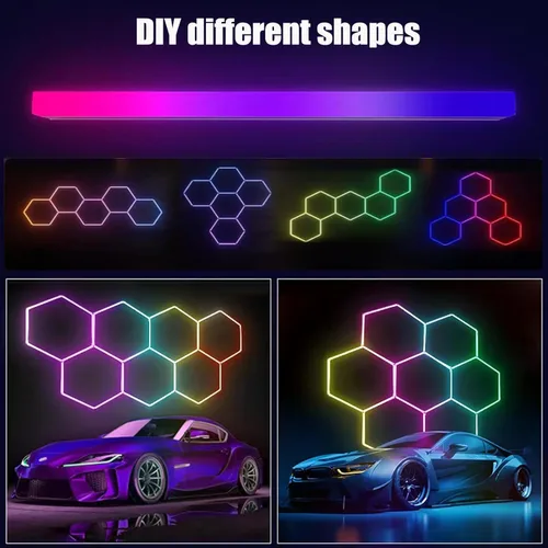 Vista 4 de Paquete de 25 luces LED hexagonales RGB para garaje, luz RGB 5hexagonal con multicolor, luces de pared hexagonales RGB regulables y ajustables