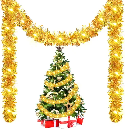 Vista 17 de Kingdder Guirnalda de Oropel de Navidad de 16.4 pies Iluminada Metálica Trenzada Decoración de Árbol Preencendida Operada con Batería 50 LED