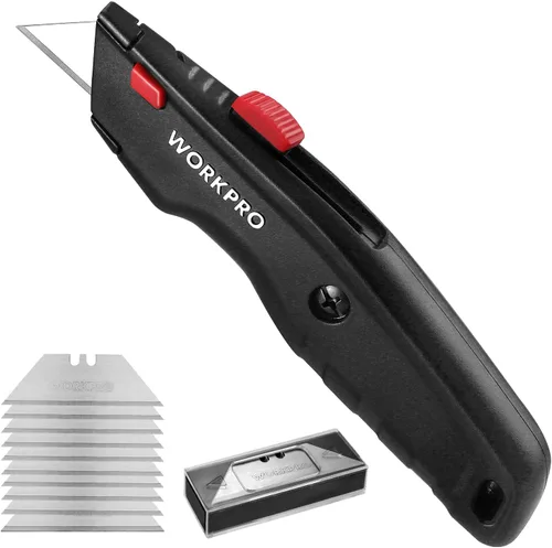 Vista 8 de WORKPRO Cuchillo utilitario premium, cortador de caja retráctil de metal resistente, cuchillo de afeitar de hoja de cambio rápido, con 10 cuchillas