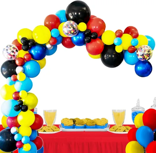 Vista 6 de Kit de arco de guirnalda de globos de cumpleaños de superhéroe, globos de fiesta de color rojo, azul, amarillo y negro con confeti, tema