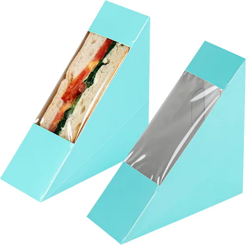 Vista 3 de Restaurantware -Cafe Vision Cajas de papel sándwich de 4.8 x 2.8 pulgadas, 200 cajas medianas de cuña tipo sándwich - con ventana, desechables, Azul