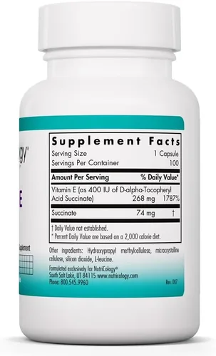 Vista 2 de Nutricology Succinato de vitamina E - 400 UI d-alfa-tocoferil succinato - antioxidante y apoyo energético - Cápsulas vegetarianas en polvo seco