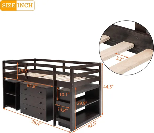 Vista 2 de Harper & Bright Designs Twin Low Loft Bed with Storage Cabinet and Rolling Portable Desk, Kids Twin Loft Bed with Bookshelf & Safety Guardrail and