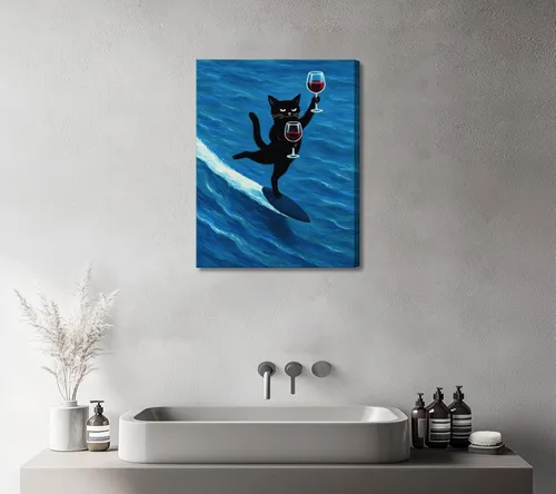 Vista 7 de Divertido arte de pared de gato negro con impresión de lienzo de copa de vino, decoración de carrito de bar, pósteres modernos de animales