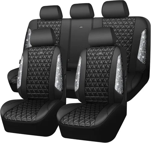 Vista 22 de CAR PASS Todos los juegos completos de fundas de asiento de automóvil de cuero con diamantes brillantes, impermeables, brillantes, ajuste universal