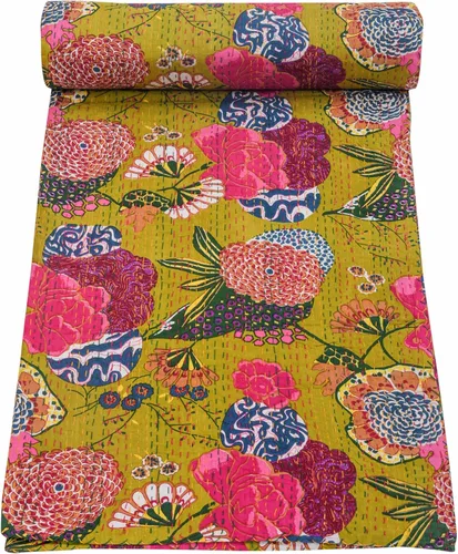 Vista 23 de Marubhumi Colchas indias hechas a mano, edredones de algodón puro reversible, edredón vintage Kantha, edredón, estampado de frutas, rosa bebé