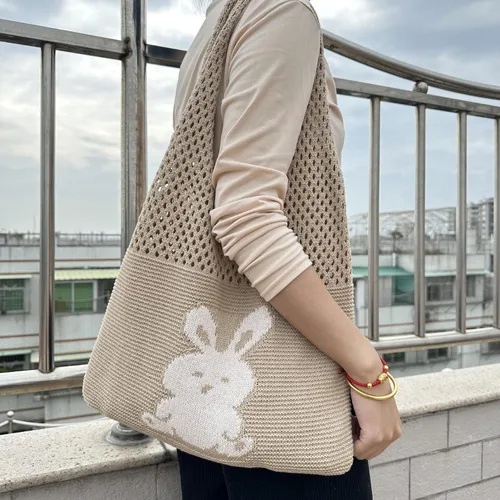 Vista 2 de Women Cute Rabbit Knitted Shoulder Bags Crochet Aesthetic Tote Bag Fairycore Hobo Bag Coquette Accessories