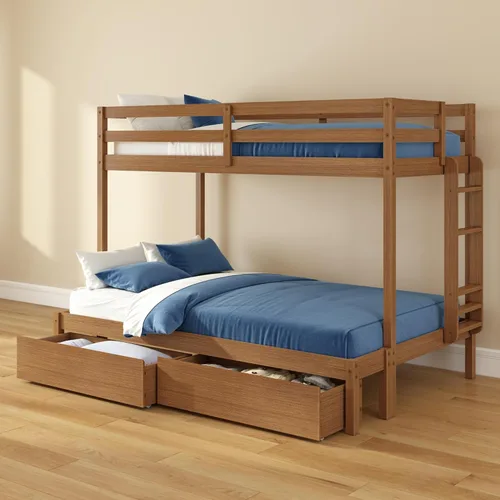 Vista 14 de Grain & Grove - Litera de dos camas con oso, estructura de litera resistente para niños, litera de madera contrachapada con escalera, barandilla