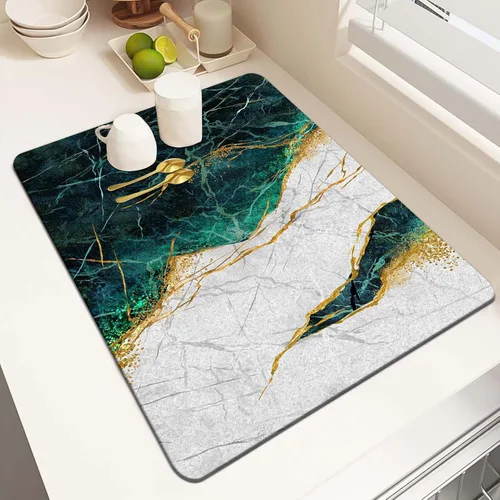 Vista 13 de MCALK Tapete de secado de platos blanco mármol para encimera de cocina, almohadilla de secado de platos dorada con base de goma antideslizante