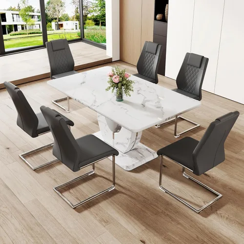 Vista 115 de JUFU Juego de mesa de comedor moderno para 4, juego de mesa de cocina rectangular de 63 pulgadas con mesa de mármol sintético y 4 sillas tapizadas