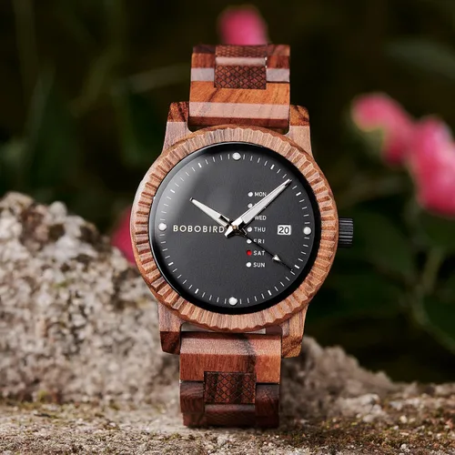 Vista 2 de BOBO BIRD Reloj de madera para hombre, analógico, de cuarzo, con pantalla de semana, ligero, hecho a mano, para hombre