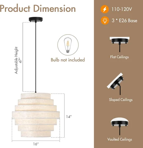 Vista 2 de Lámpara de araña moderna de 16 pulgadas con pantalla de tambor de lino escalonada, lámpara colgante para comedor, isla de cocina, mesa de granja