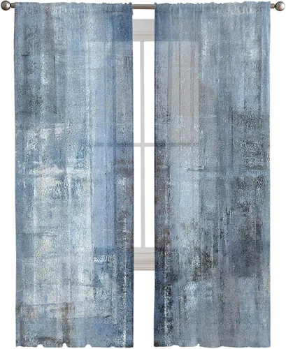Vista 3 de Cortinas traslúcidas azules abstractas de 84 pulgadas de largo, juego de 2 paneles y cortinas semicortinas grises con bolsillo para barra de cocina