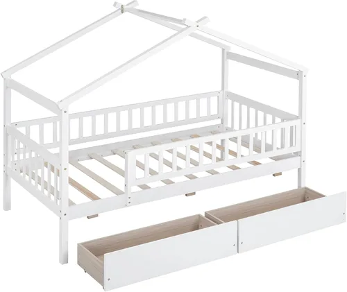Vista 6 de Cama de madera de tamaño individual con dos cajones y techo, cama de plataforma con 2 cabeceros, para dormitorio de niños, adolescentes, niñas