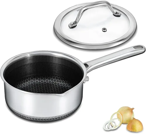Vista 12 de Cacerola híbrida antiadherente de 1.5 cuartos de galón con tapa, olla de panal de acero inoxidable con dos boquillas de vertido, compatible