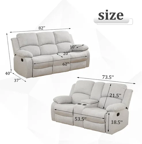 Vista 76 de Juego de sofá reclinable para sala de estar, juego de muebles de 2 piezas, sofá reclinable de 3 asientos y sofá biplaza con portavasos y consola