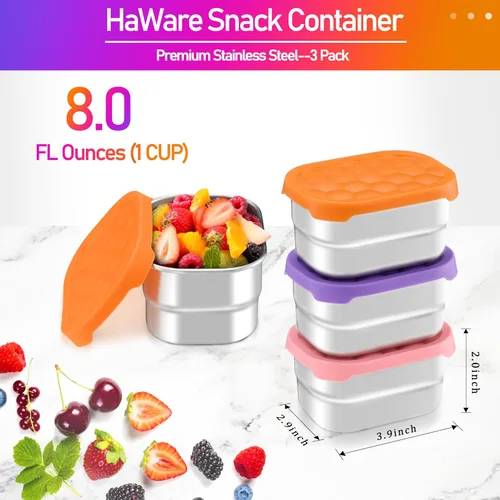 Vista 2 de HaWare Recipientes de acero inoxidable de 8 onzas para niños pequeños y niños, recipientes de almacenamiento de alimentos a prueba de fugas