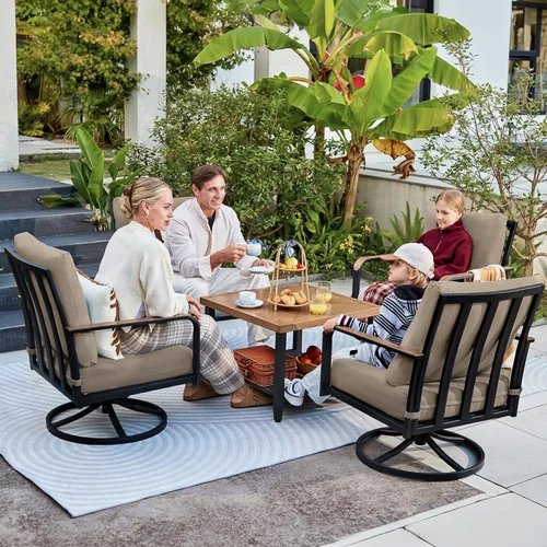 Vista 7 de NATURAL EXPRESSIONS Juego de muebles de patio de 5 piezas, conversación al aire libre con 4 sillas mecedoras giratorias, mesa de metal con acabado