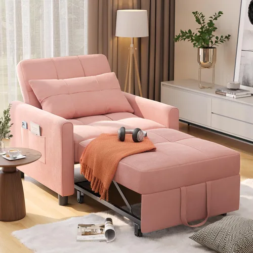 Vista 14 de Aiho - Silla de dormir convertible, sofá cama 3 en 1 con diseño ajustable, almohada y bolsillo - Cama plegable para apartamento (Beige)