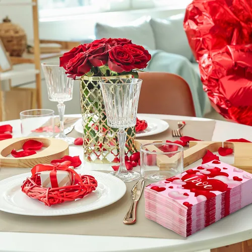 Vista 4 de AnyDesign - Paquete de 100 servilletas de papel desechables para el día de San Valentín, color rojo, rosa, corazón, globo, servilletas de papel