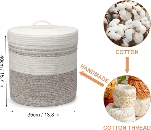 Vista 2 de Cesta de lavandería Goodheim con tapa, cesta de lavandería tejida, cesta de almacenamiento para mantas y juguetes para sala de estar, dormitorio