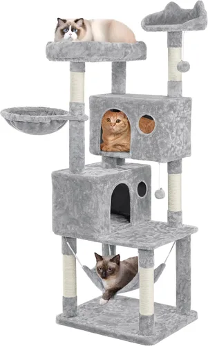 Vista 20 de Yaheetech - Árbol para gatos de 64.5 pulgadas con poste rascador, cama para gatos con cubierta de felpa y hamaca, plataforma, percha para gatos