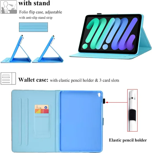 Vista 4 de Funda para iPad 9.7 20182017, iPad Air de 2 generación con soporte, soporte para lápices, bolsillo para tarjetas encendido y apagado automático