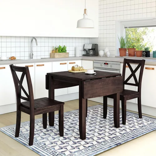 Vista 42 de Juego de mesa de comedor de 3 piezas con altura de mostrador, juego de comedor de madera maciza con 2 taburetes tapizados, mesa de comedor