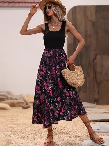 Vista 5 de SweatyRocks Vestido sin mangas con cuello redondo y botones en la parte delantera para mujer, mini vestidos con estampado floral