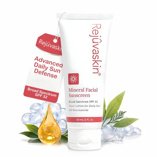 Rejuvaskin Protector solar facial mineral SPF 32, protector solar mineral diario para pieles sensibles, protección UVA/UVB de amplio espectro, sin