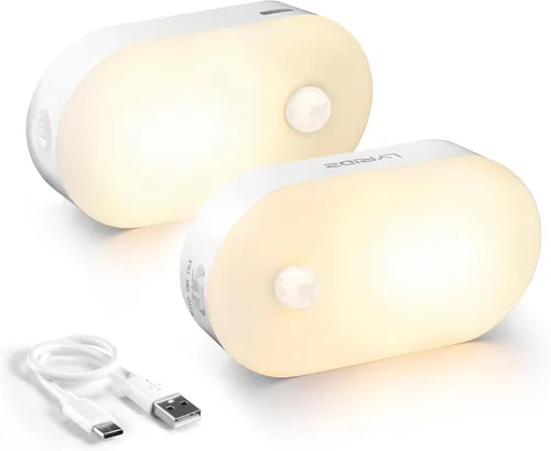 Vista 10 de Lyridz Luz nocturna de batería recargable con sensor de movimiento, mini luz LED blanca cálida portátil, brillo ajustable para baño, dormitorio