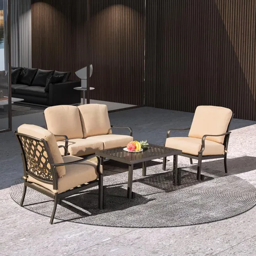 Domi Outdoor - Juego de 4 piezas de mesa de comedor y sillas de comedor de metal con cojines beige extraíbles para jardín, césped