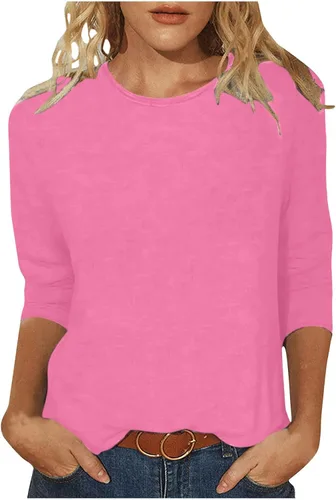 Vista 9 de Camisas de manga 3/4 para mujer, blusas casuales de verano 2025, cuello redondo, estampado floral, lindas, blusas holgadas