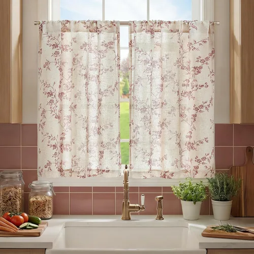 Vista 32 de JINCHAN Cortinas florales de cocina de 24 pulgadas, cortinas de lino de varios niveles, cortinas de granja de estilo cafetería, cortinas para media