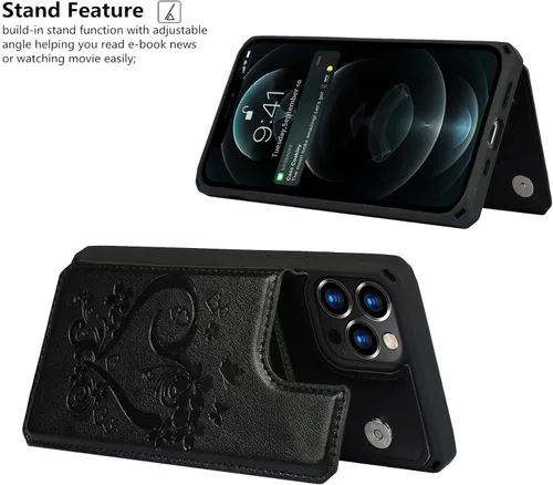 Vista 6 de iCoverCase Compatible con iPhone 12/12 Pro Wallet Funda para teléfono con tarjetero para mujer, bloqueo RFID en relieve de piel sintética con correa