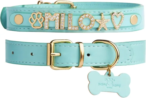 Vista 10 de Collar de perro personalizado Paws Paws Miami para perros extra pequeños, personalizado con nombre en iniciales de circonita cúbica chapadas en oro