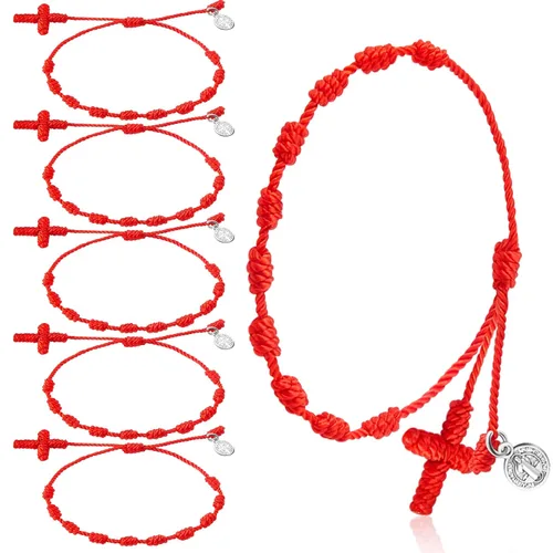Yinkin 30 Pieces St Benedict Medal Red Rosary Bracelet Bulk Adjustable Red Knot String Braided Bracelet Baby Protection Mexican Bracelets with Mesh