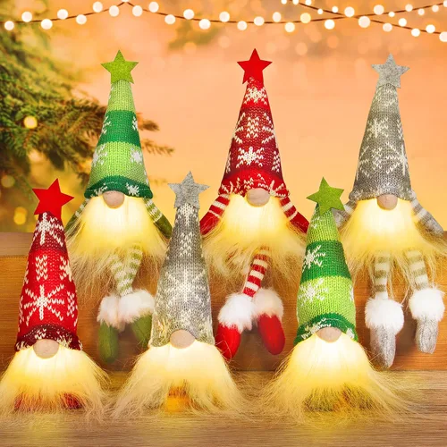 Gloween Paquete de 6 adornos navideños de gnomo, gnomos suecos hechos a mano iluminados Tomte de peluche con luces, elfo de Papá Noel festivo,