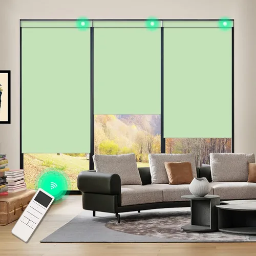 Persianas enrollables opacas automáticas con cenefa, diseño inalámbrico verde manzana, persianas motorizadas recargables con cenefa de metal a