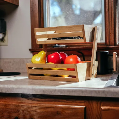 Vista 4 de 7Penn Cesta de frutas de 2 niveles para encimera de cocina, cesta de frutas de bambú para mesa o despensa - Frutero de madera grande para verduras