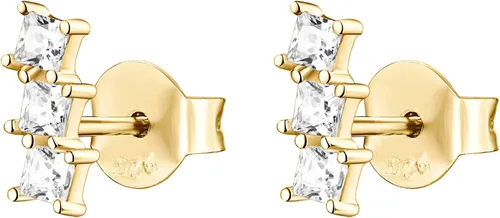 Vista 3 de PAVOI 14K Gold Plated 925 Sterling Silver CZ Simulated Diamond Earrings Dainty Geometric Shape Mini Bar Stud Earrings for Women